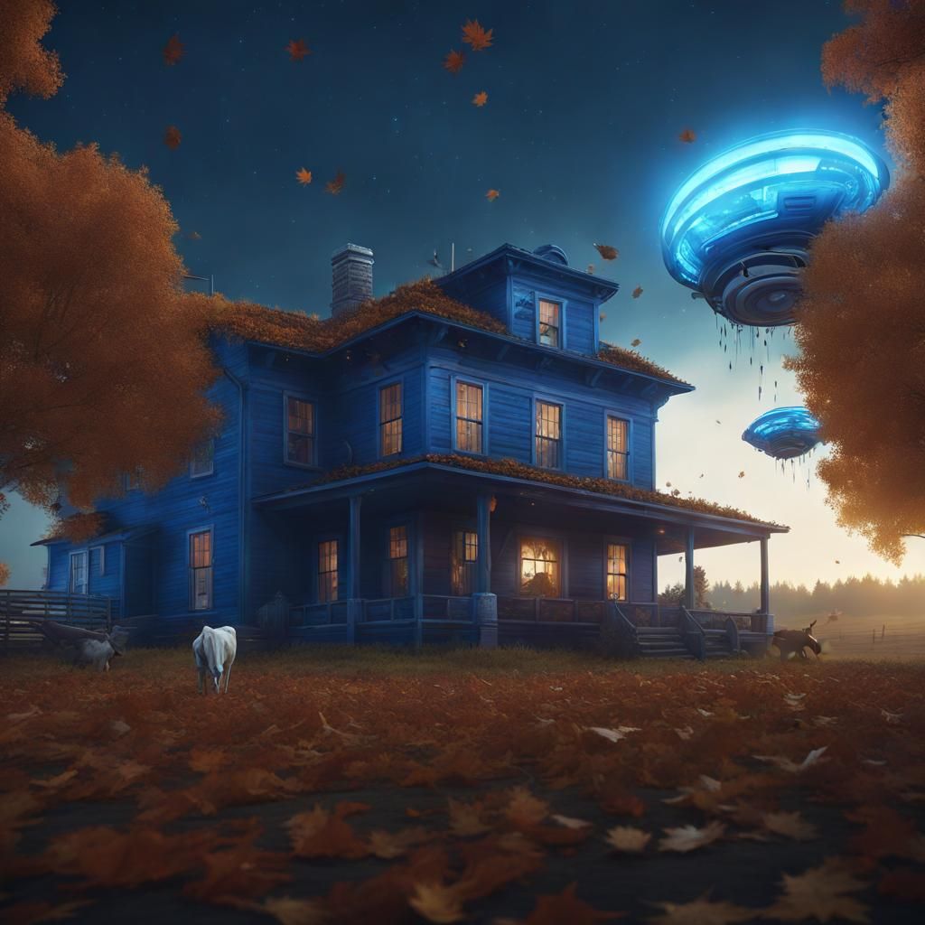 Alien Spaceship Over Farm on Autumn Night