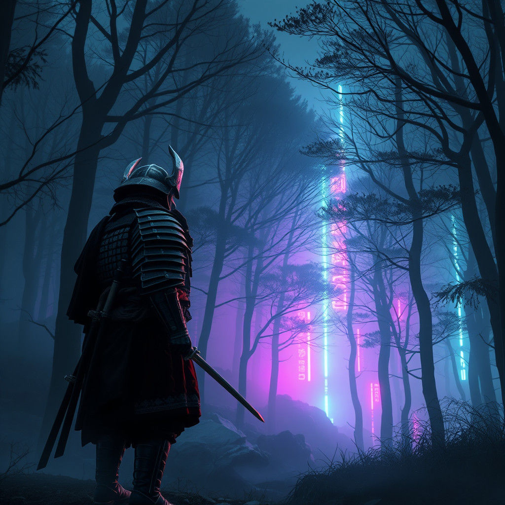 Samurai in Neon Synthwave Forest: Retro-Futuristic Ambiance
