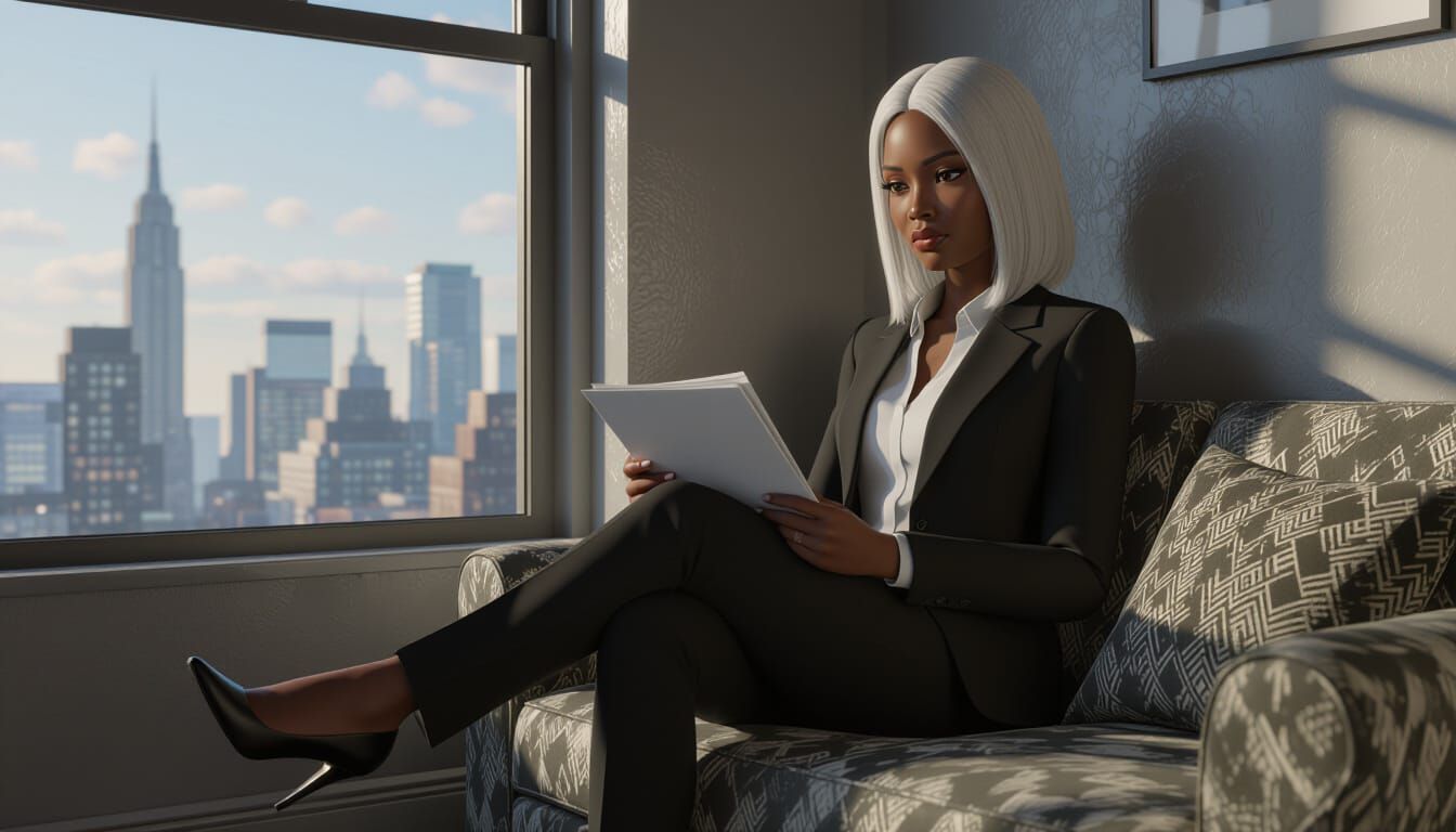 African Woman in Suit, Sad Expression, City View