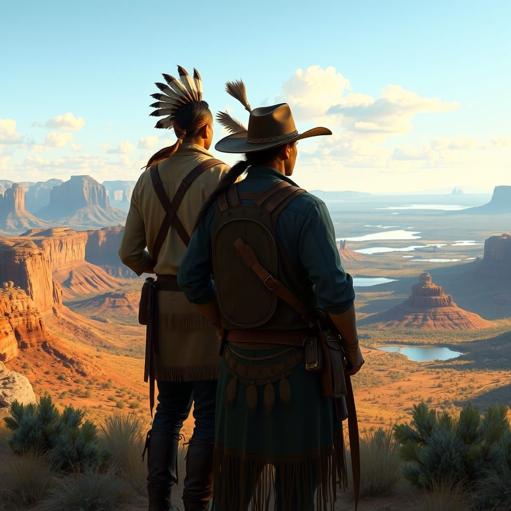Cowboy and Native American Overlook Western Frontier