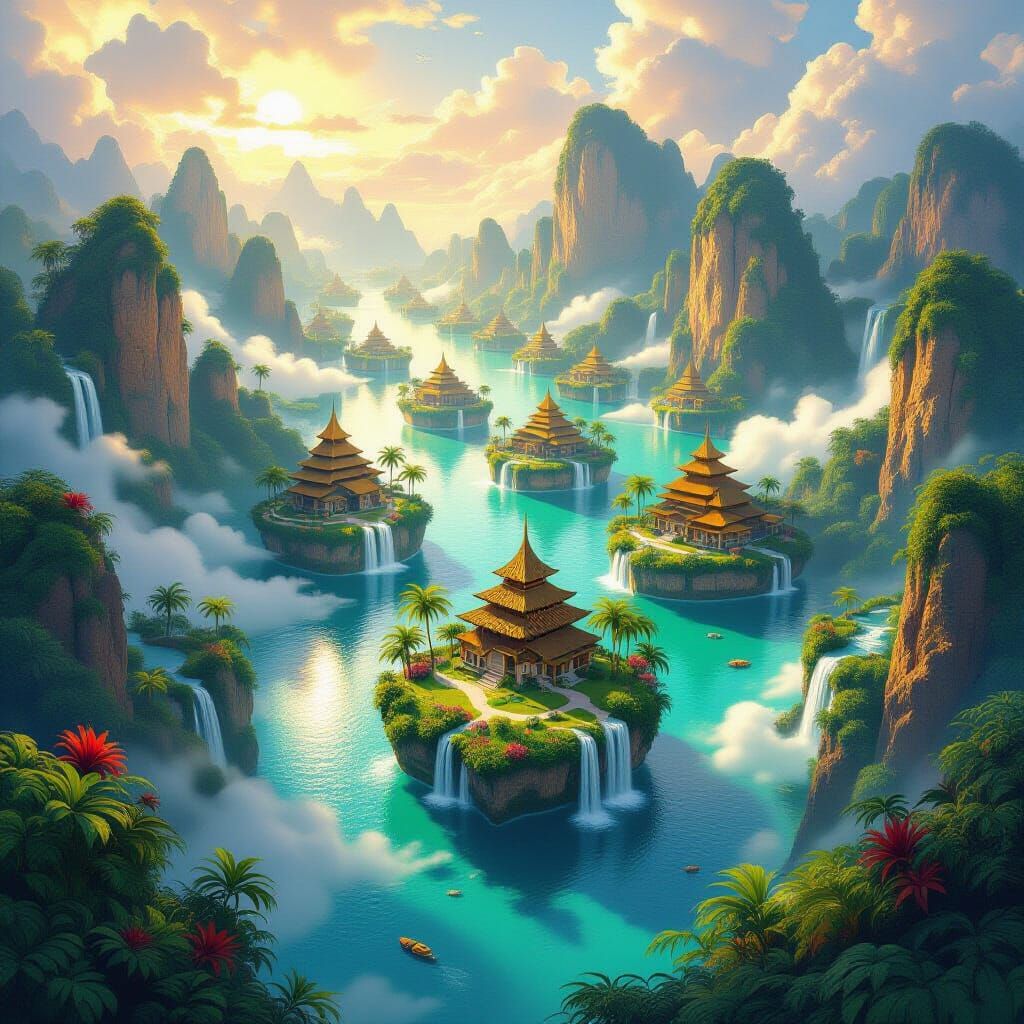 Fantasy Village on Floating Islands in Golden Hour Light
