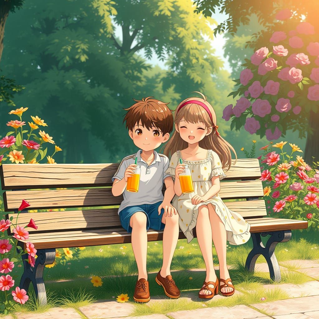 Children Share Orange Juice in Summer Garden