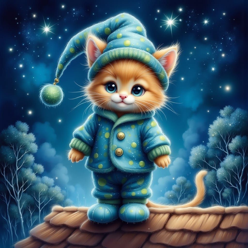 Adorable Kitten in Pajamas on Rooftop at Night