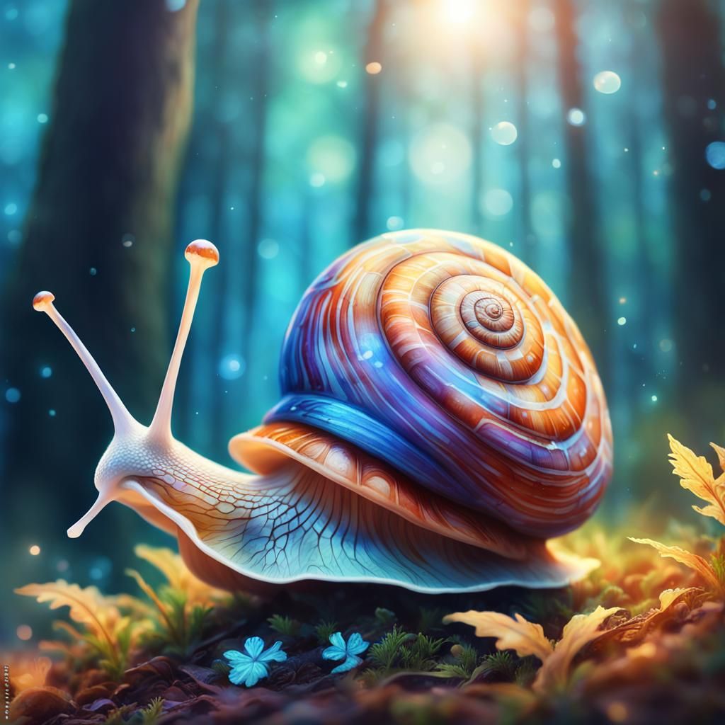Fantastical Snail Climbing Glowing Mushroom in Dreamlike For...