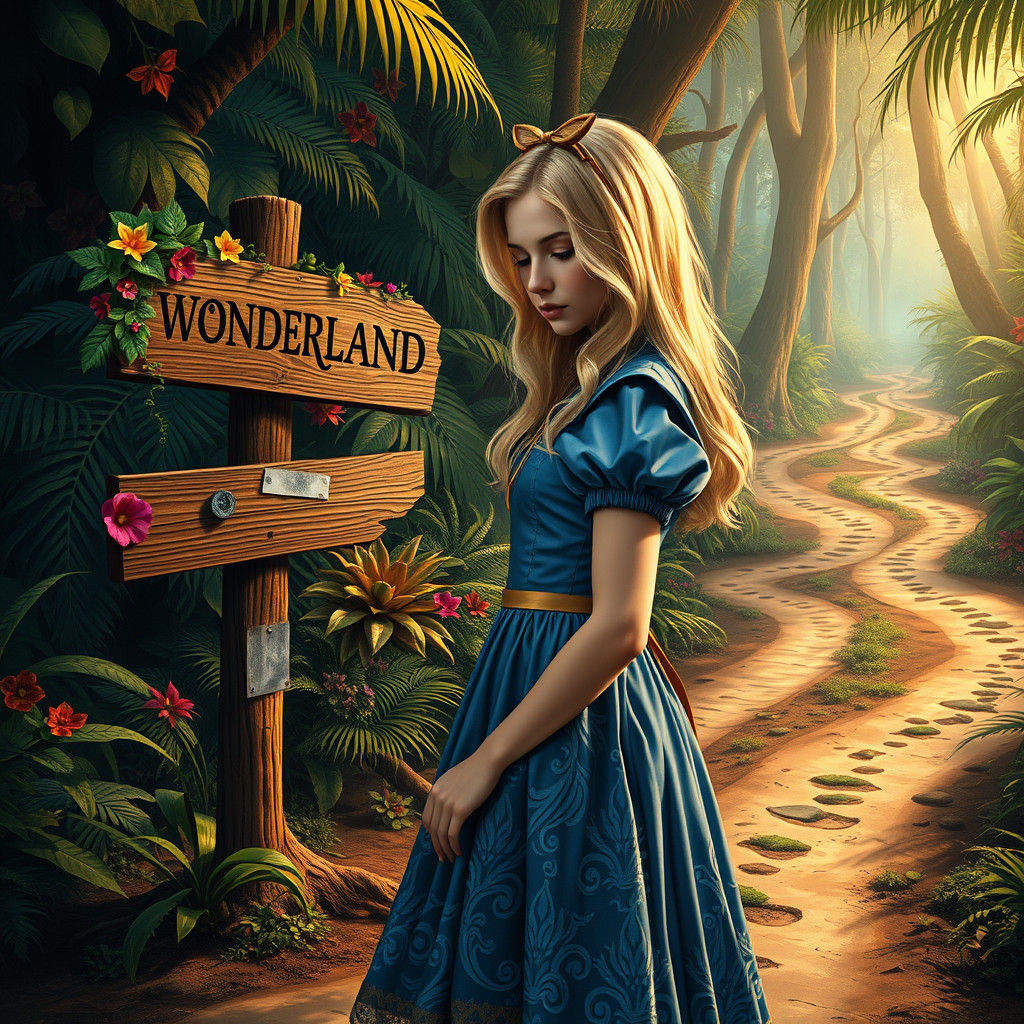 Alice at Jungle Crossroads in Hyperrealistic Art