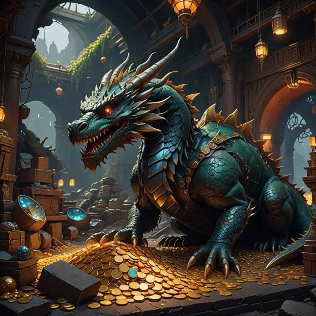Dragon's Hoard in a Fantastical, Dreamlike Atmosphere