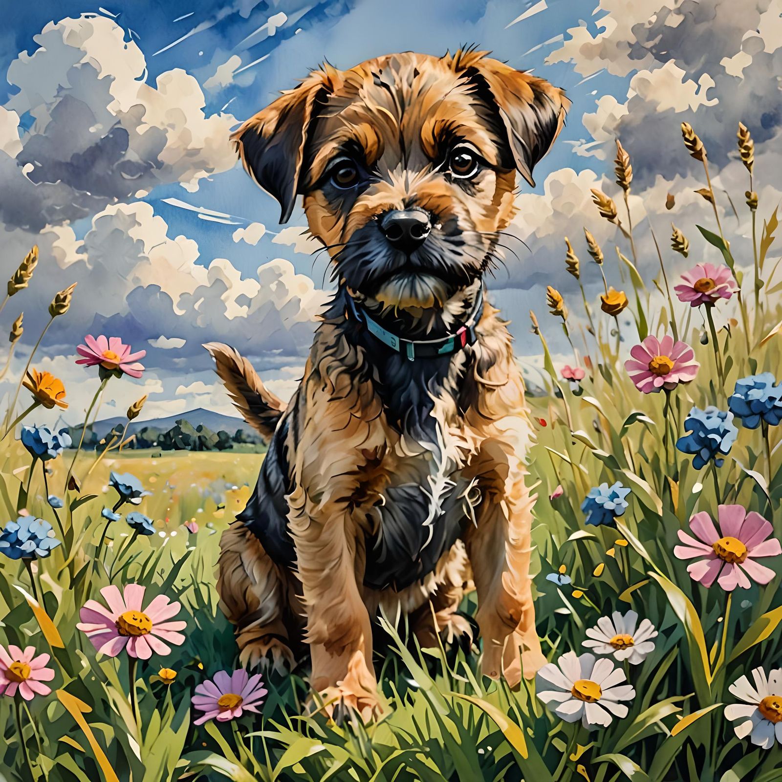 Border Terrier Pup in Gouache Impressionist Style