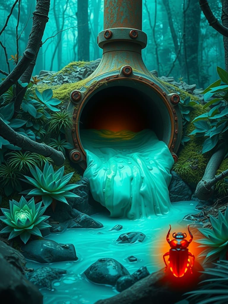 Bioluminescent Flora Surrounds Toxic Waste Pipe