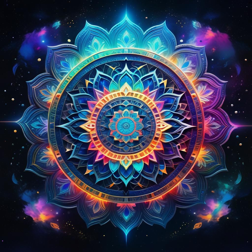 Magnificent Mandala with Flowing Neon Colors and Stars
