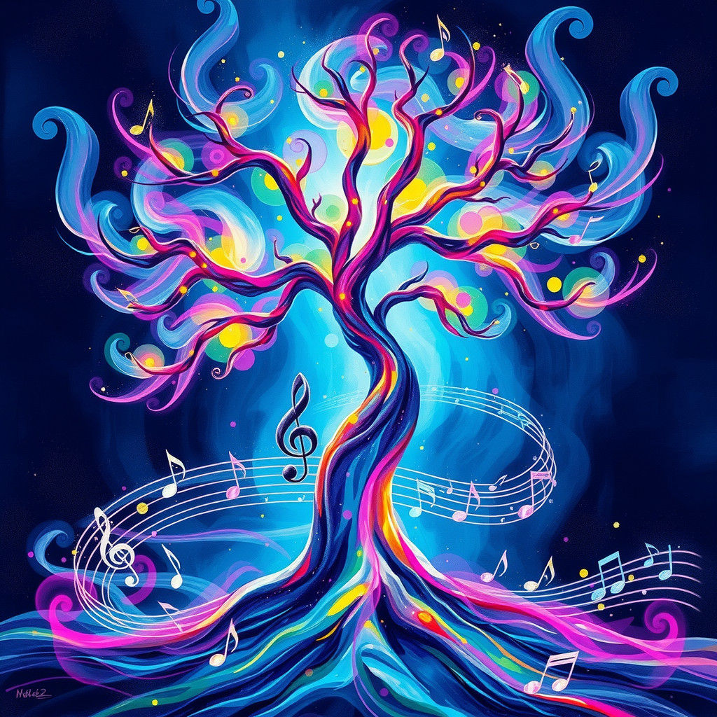 Iridescent Musical Tree in Digital Watercolor Style