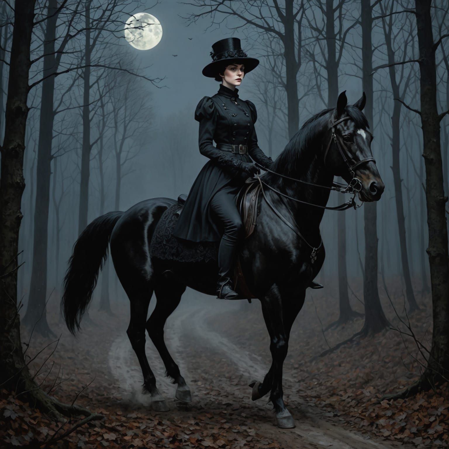 Gothic Woman on Stallion in Forest at Night