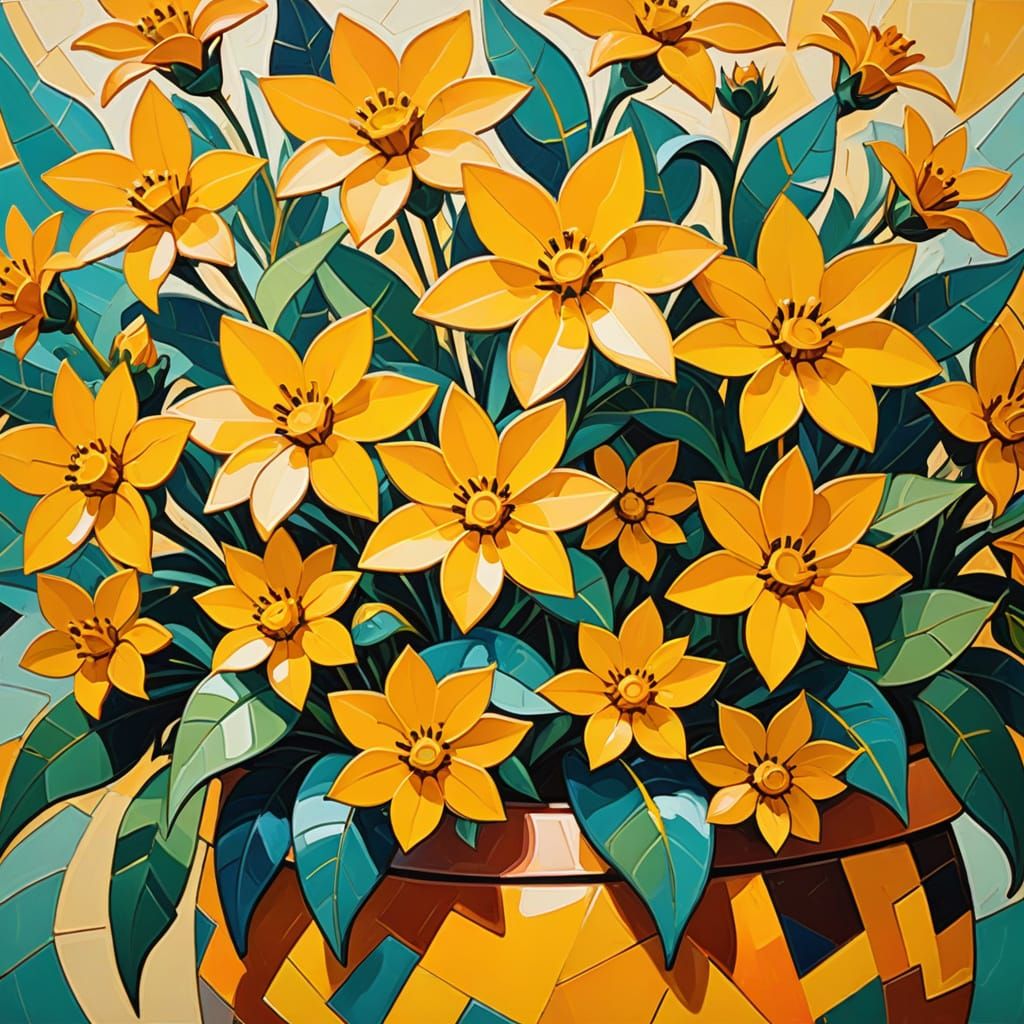 Geometric Fauvist Abstraction: Yellow Flowers in Oversized P...