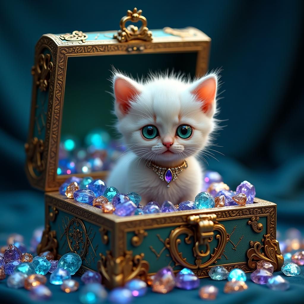 Kitten in Glass Jewelry Box, Surreal Dark Fantasy