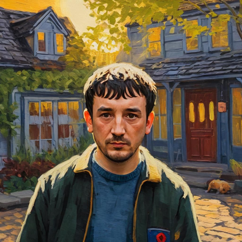 Impressionist Oil Painting of Person, Dog, and House