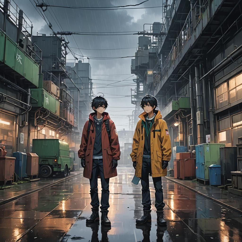 Two Friends in Rainy Japanese Industrial Area