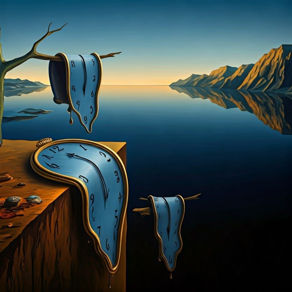 Melting Clock in Surreal Dreamscape, Surrealist Art