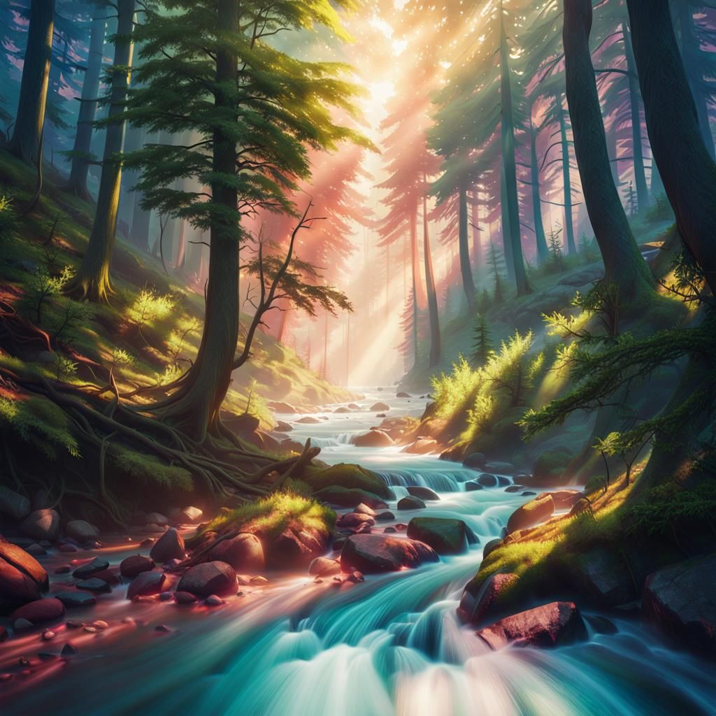 Hyperrealistic River Flowing Through Sinister Forest