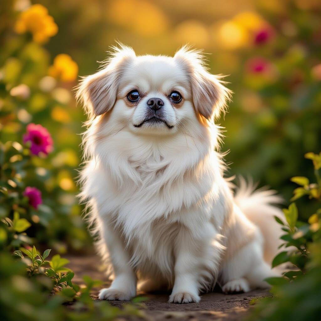 Majestic Pekingese Dog in Sun-Dappled Garden