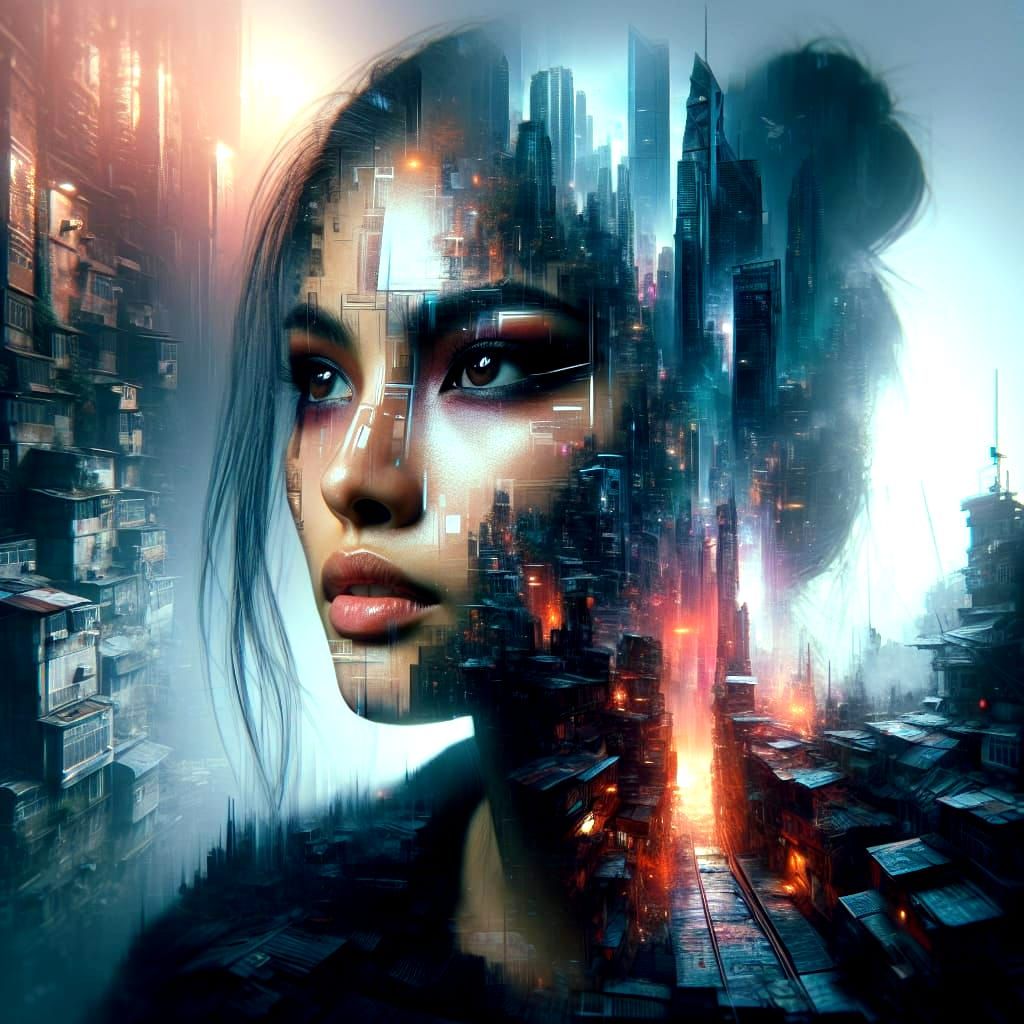 Cyberpunk Holographic Portrait Merging Cityscape
