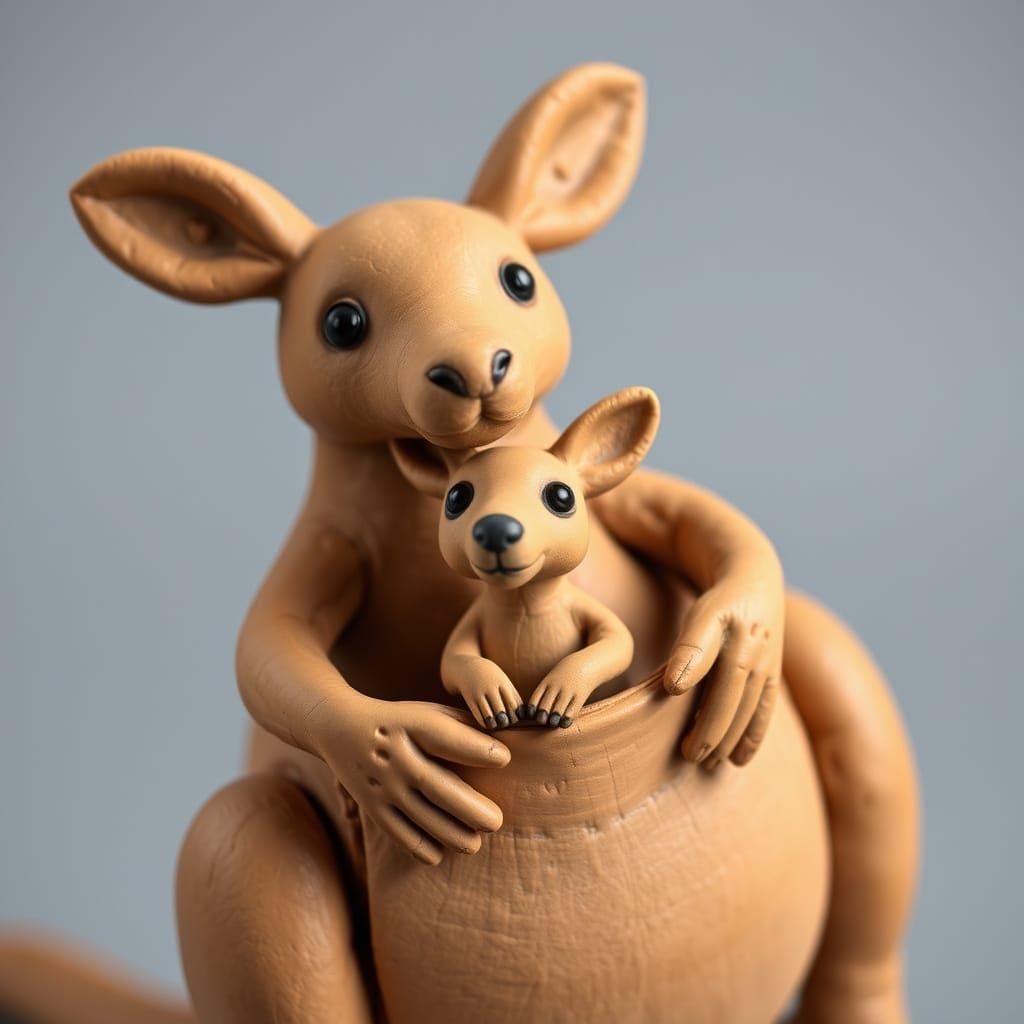 Clay Kangaroo with Baby Roo Sculpture