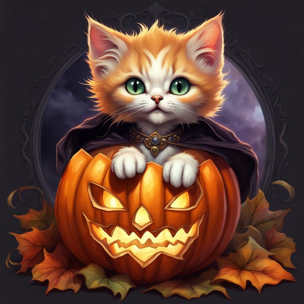 Vampire Kitten in Pumpkin, 3D Digital Art