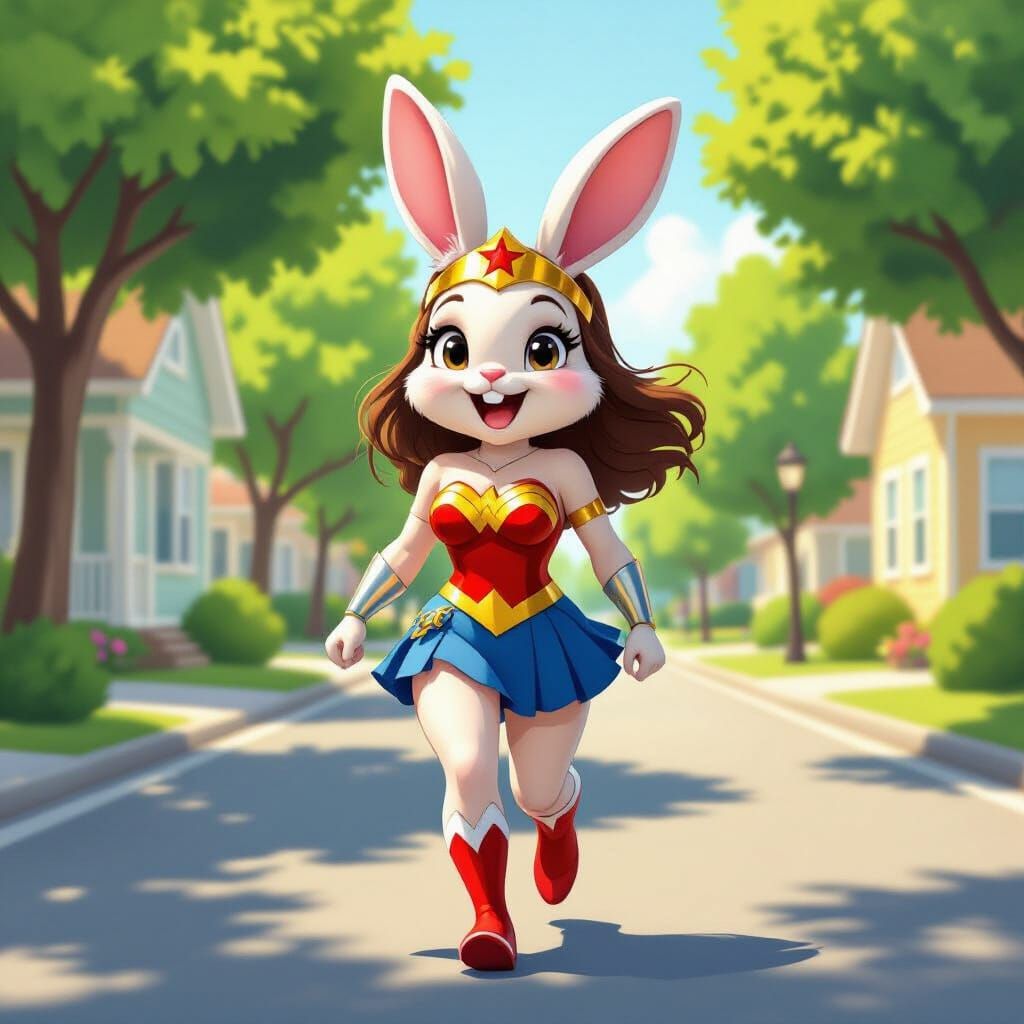 Wonder Woman Rabbit Walks Down Sunny Street