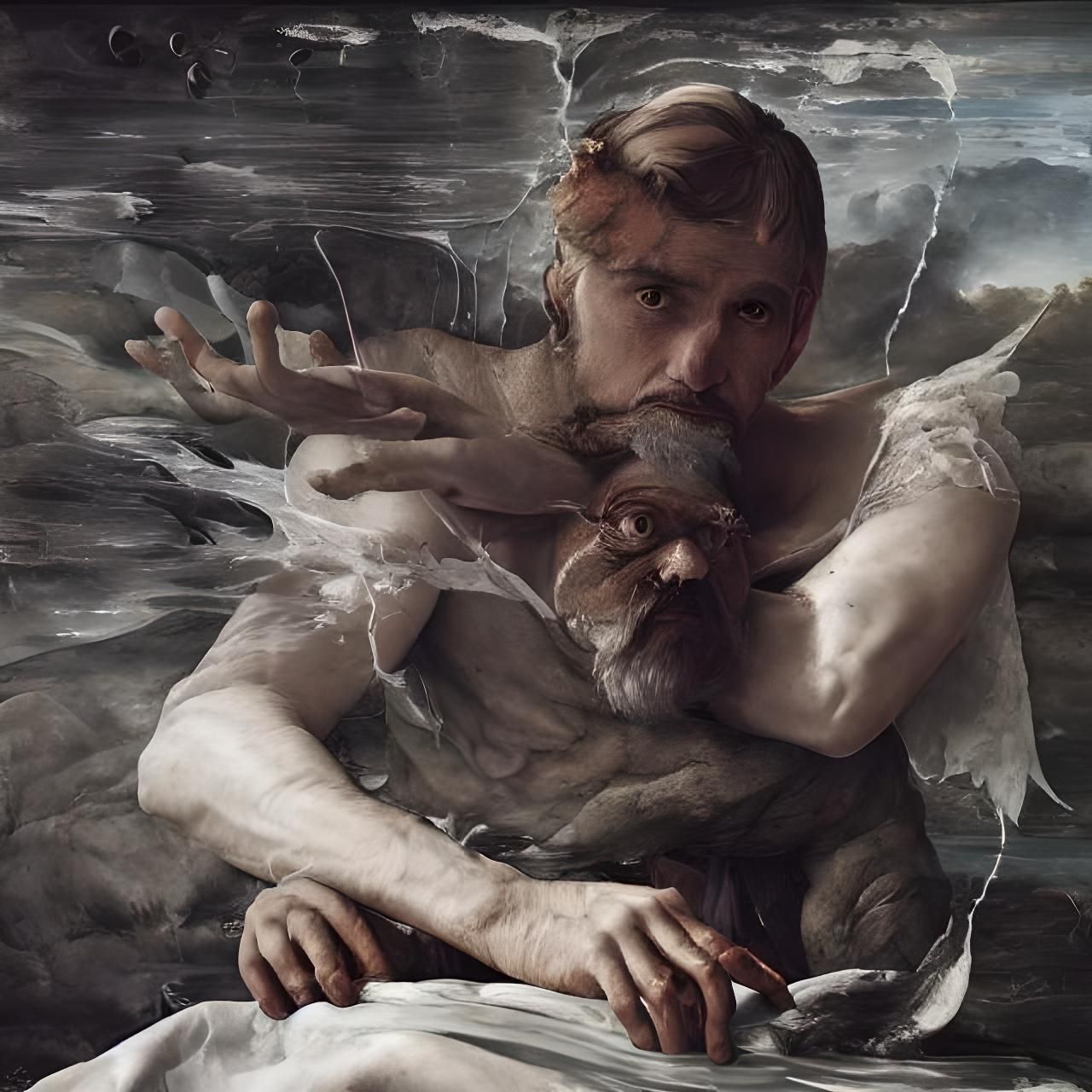 Hyperrealistic Painting of a Waiter With Dinner Specials