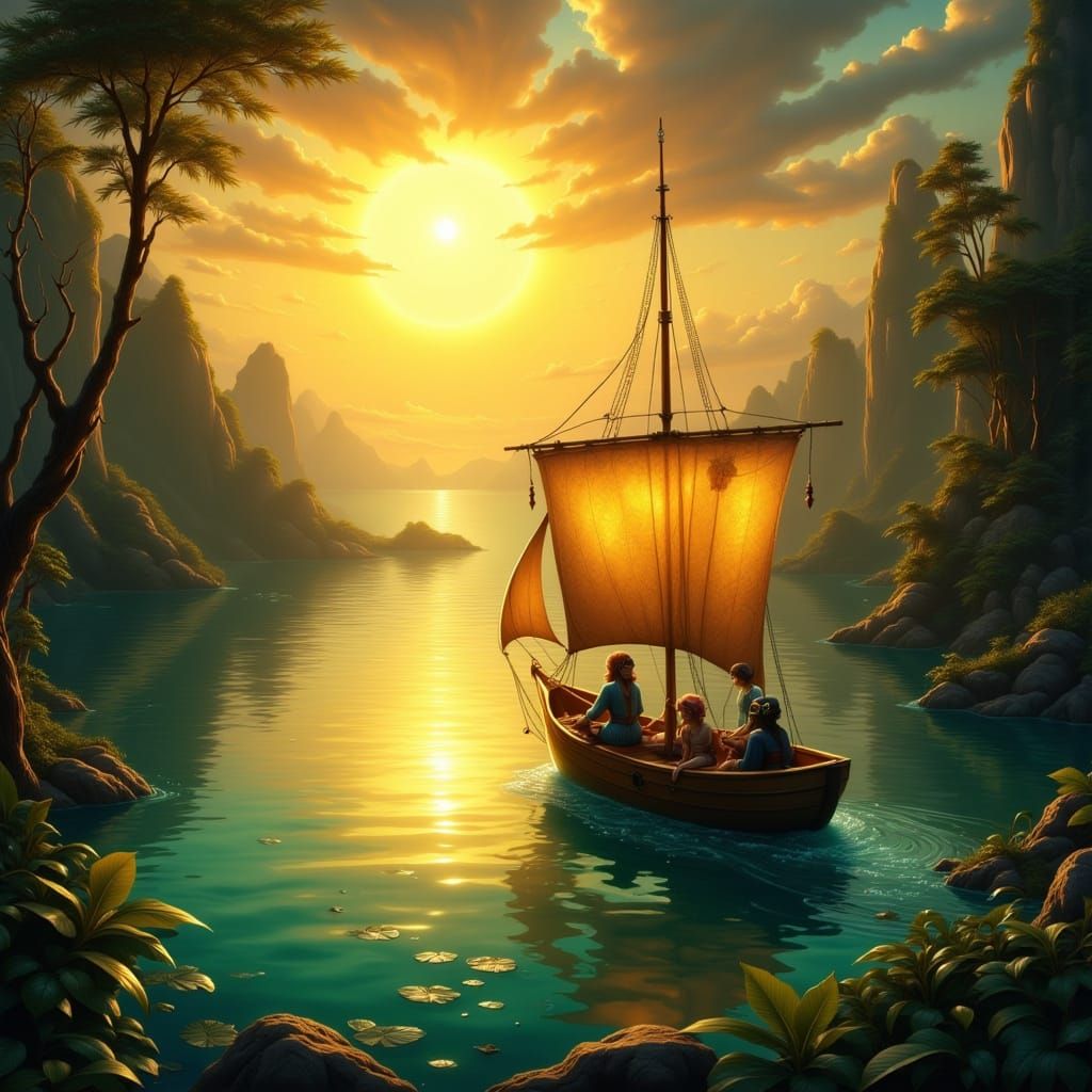 Sailboat with Adventurers and Fairies at Golden Hour