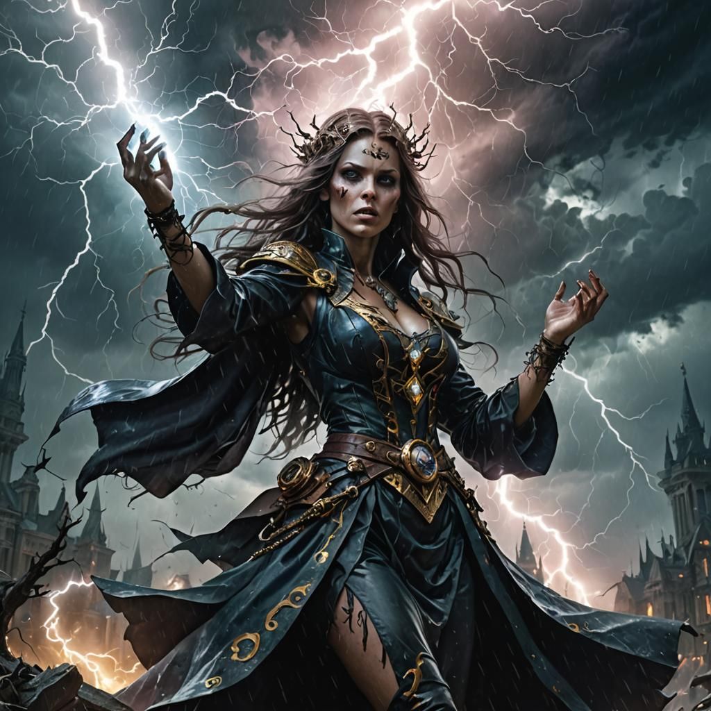 Zombified Sorceress Conjuring Lightning Storm, Digital Illus...