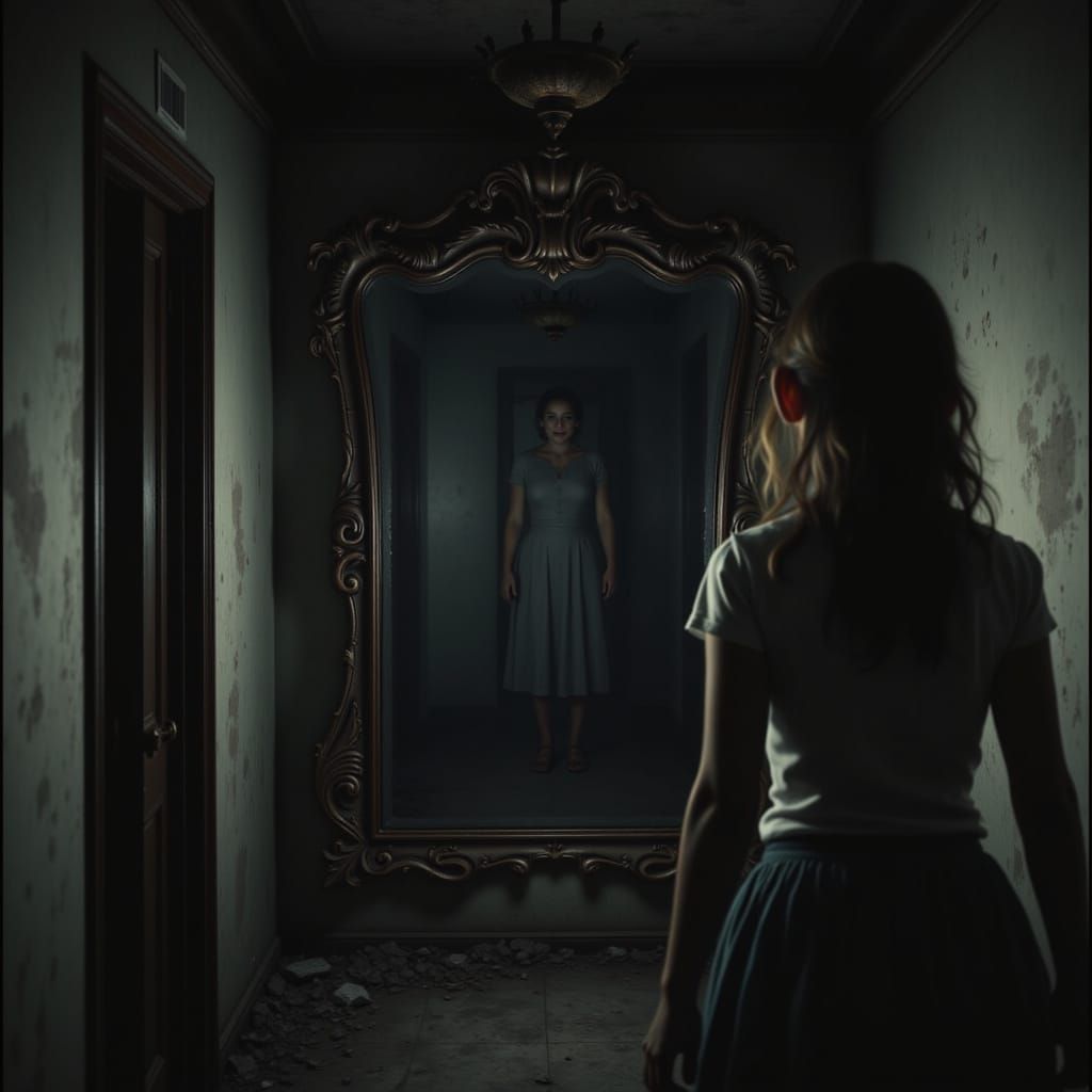 horror, creepy girl looking at a mirror, at the background a...