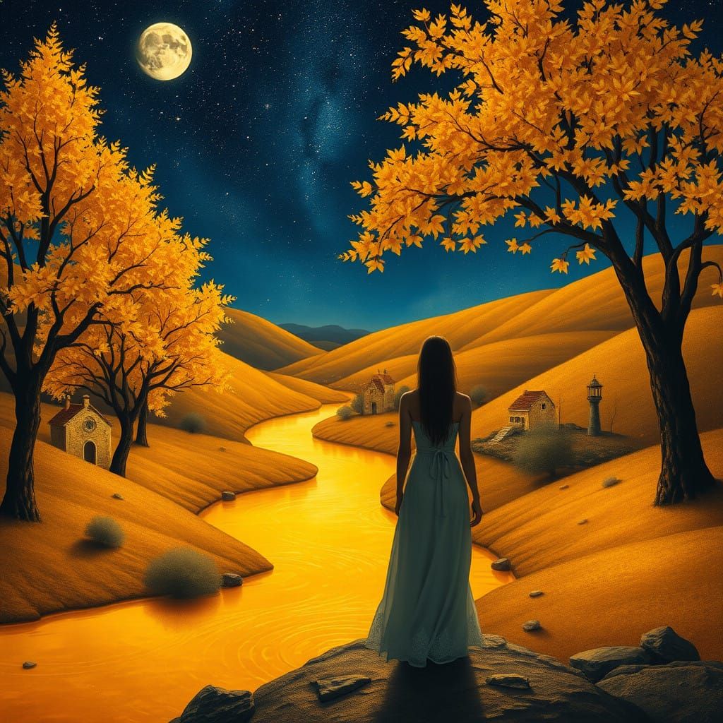 Golden Landscape with Serene Woman in Dreamlike Style