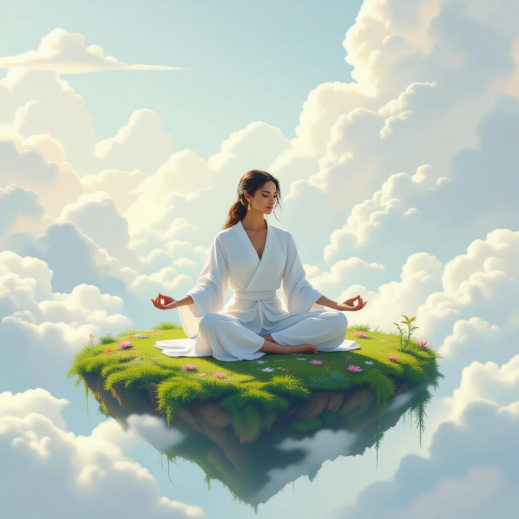 Woman Practicing Yoga on Floating Island in Dreamy Style