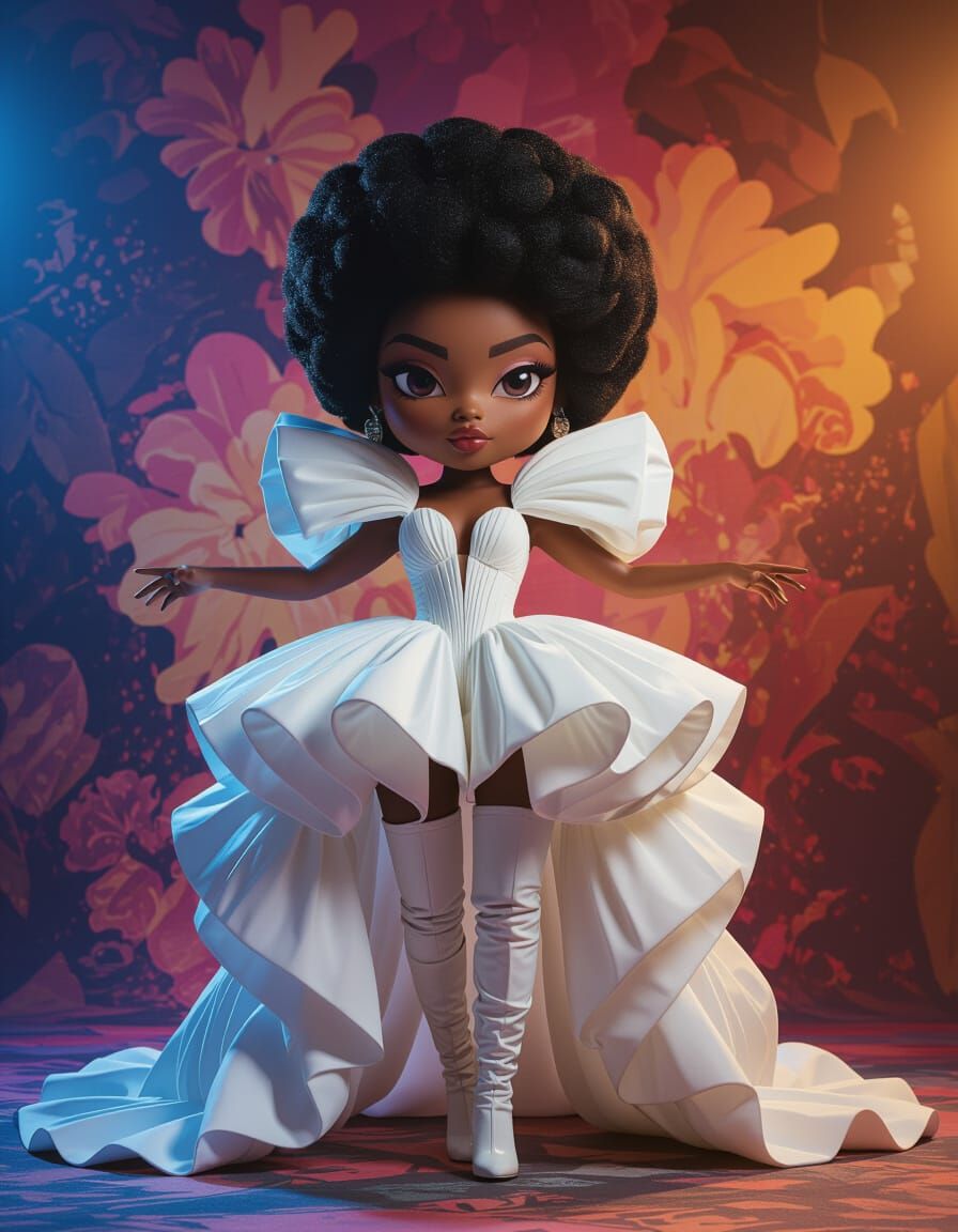 Afro Futuristic Chibi Model in Avant-Garde Gown