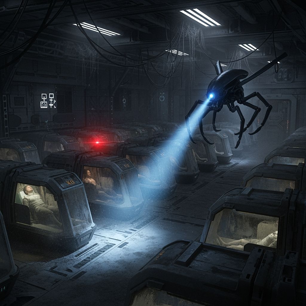 Abandoned Space Station Interior with Alien Drone