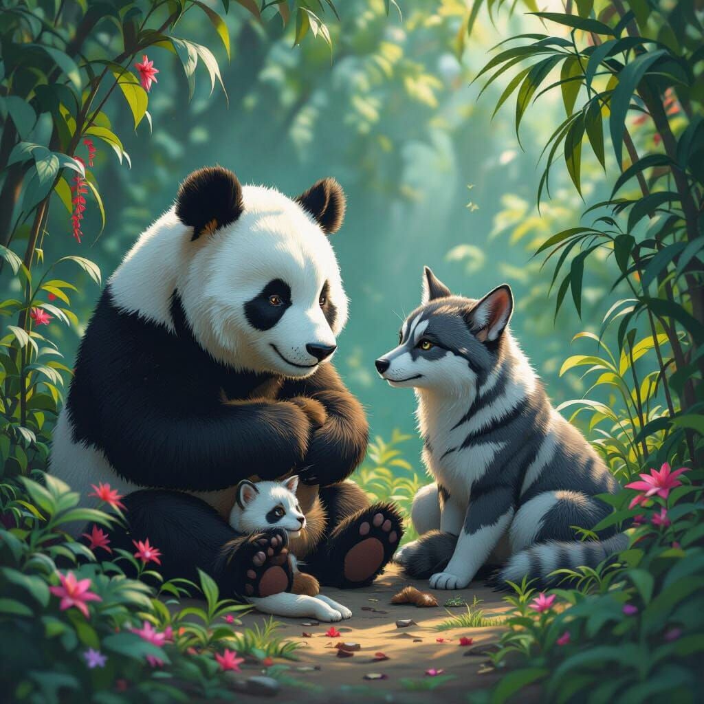 People Cradling Animals in a Lush, Colorful Landscape