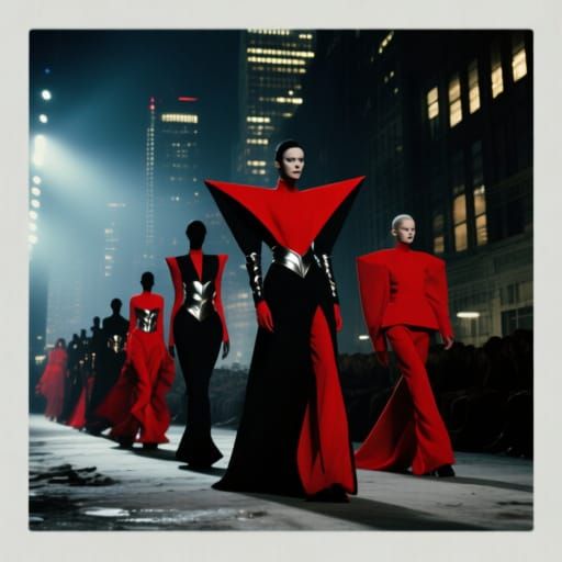 Rebellious Fashion Show in Neo-Noir Cityscape