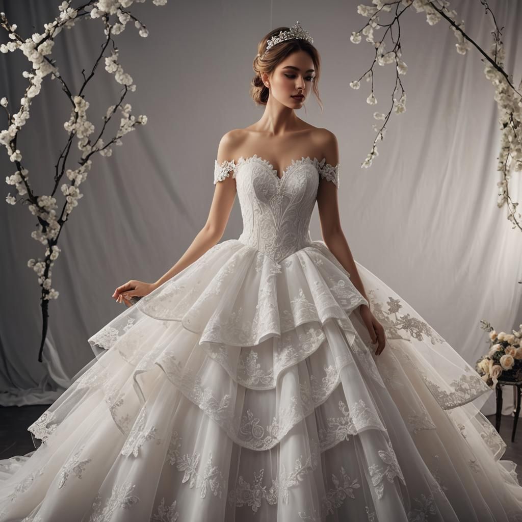 Woman in White Tulle Lace Princess Dress
