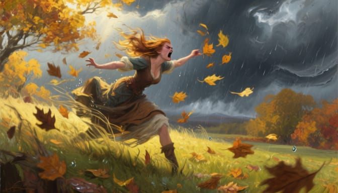 Furious Autumn Beauty Oil Painting in James Gurney Style