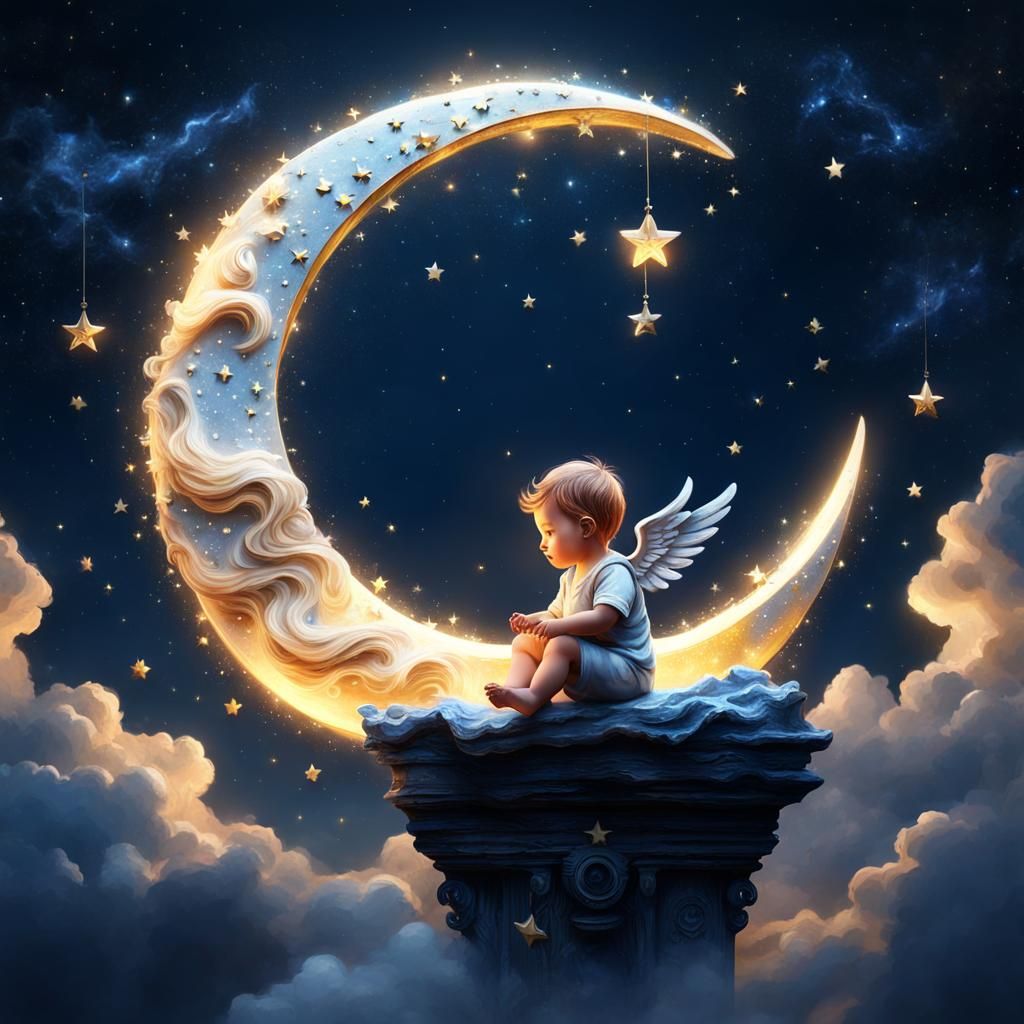 Little Angel Baby Painting Stars in Night Sky