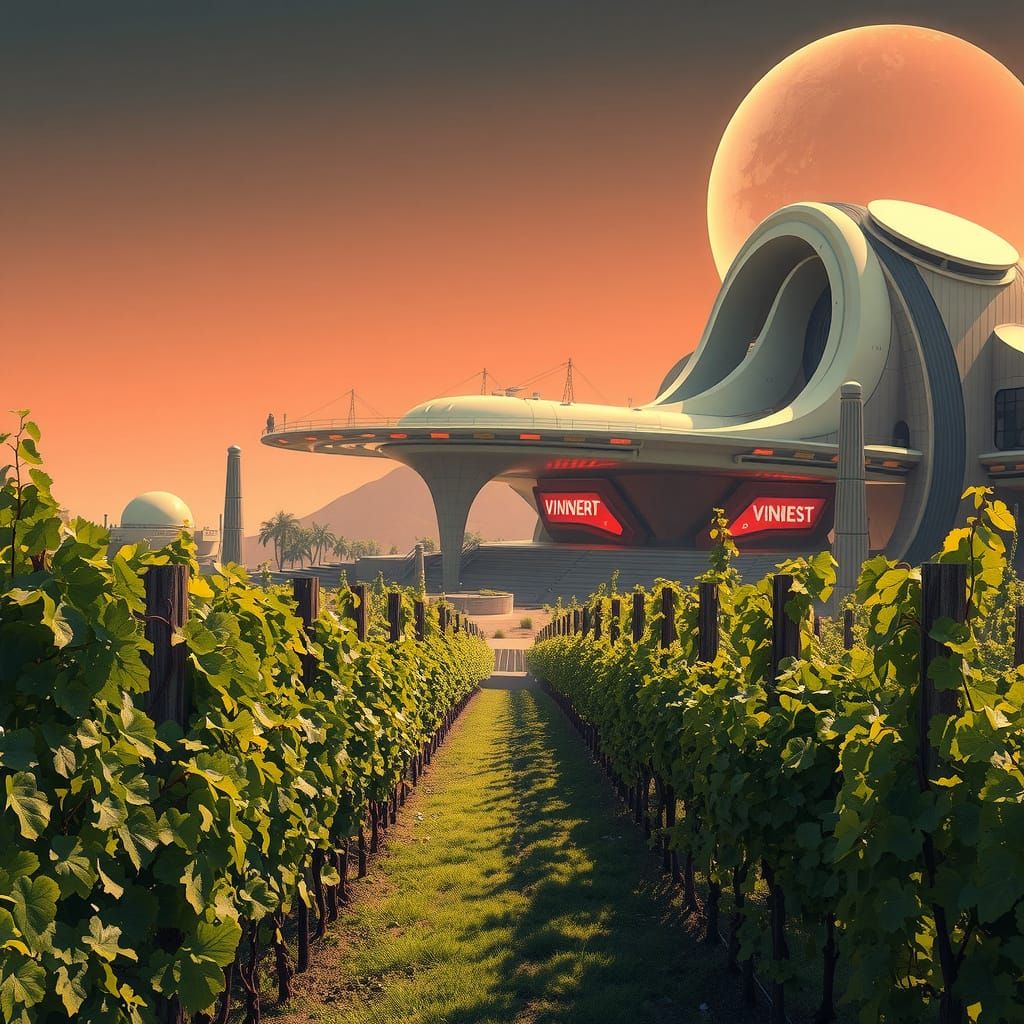Retro-Futuristic Mars Vineyard in Dreamy, Neon-Lit Ambiance
