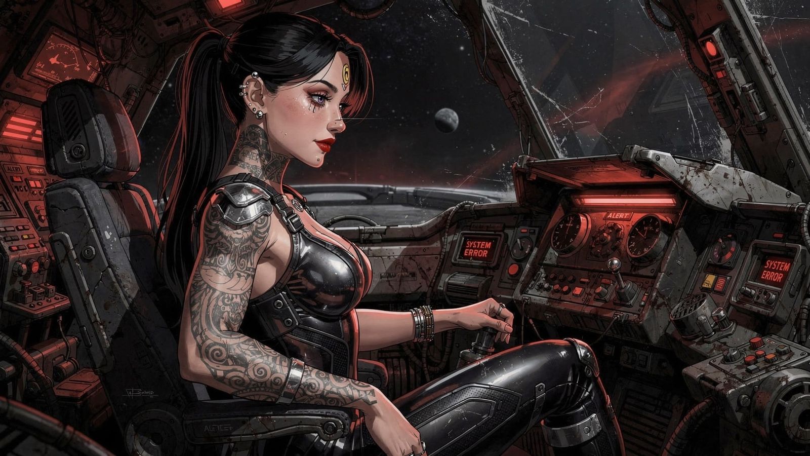 Sensual Sci-Fi Space Pirate in Dim Cockpit