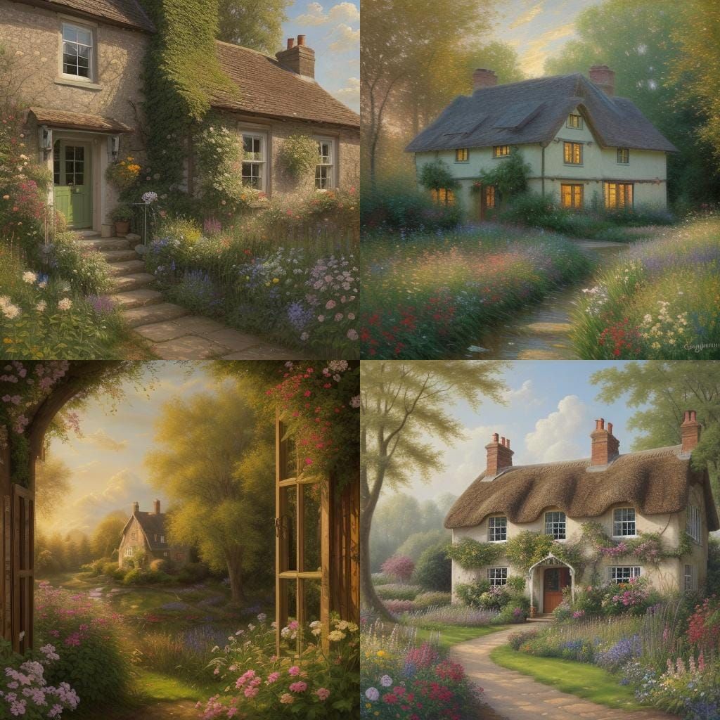 English Country Cottage in Oil Painting Style