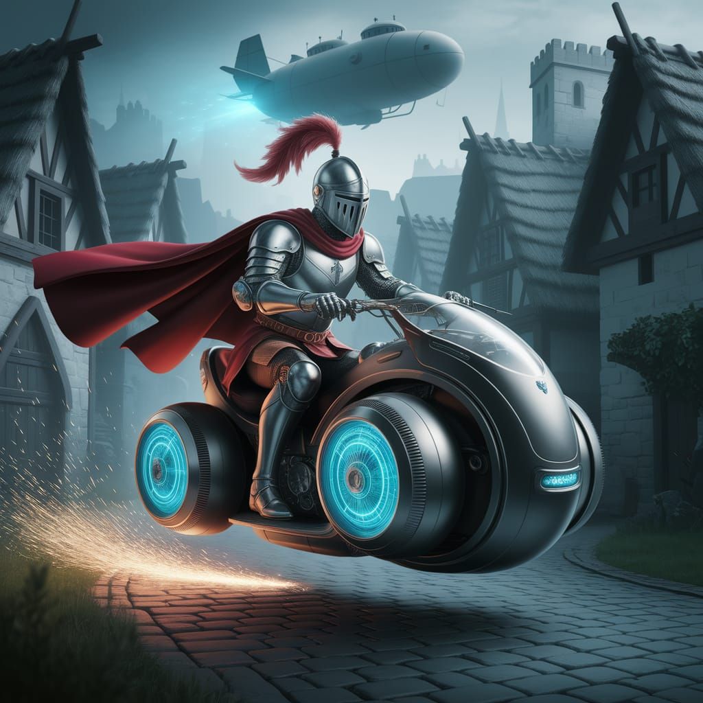Futuristic Knight Rides Hoverbike in Medieval Village
