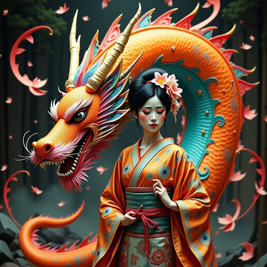 Geisha Dances with Rainbow Dragon: Cinematic Film Still