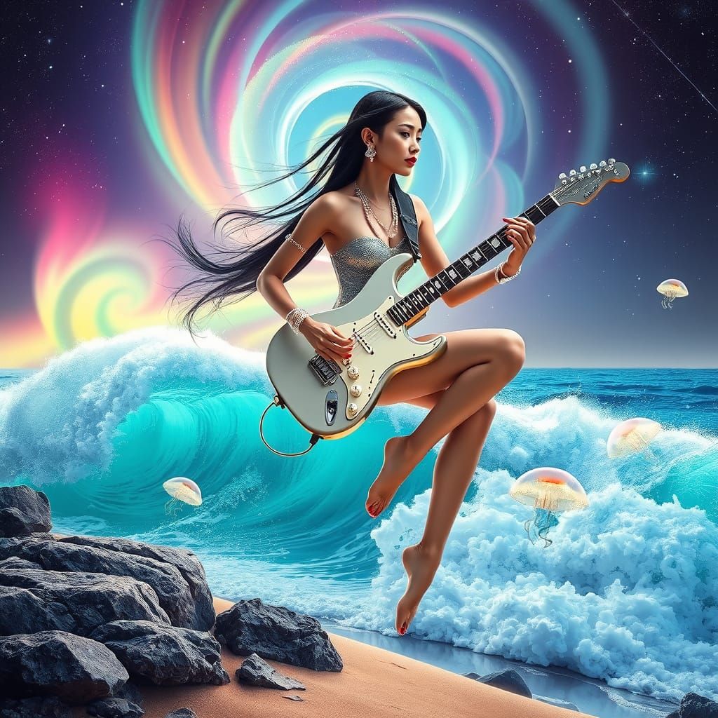 Futuristic Guitarist Leaps Over Ocean Waves