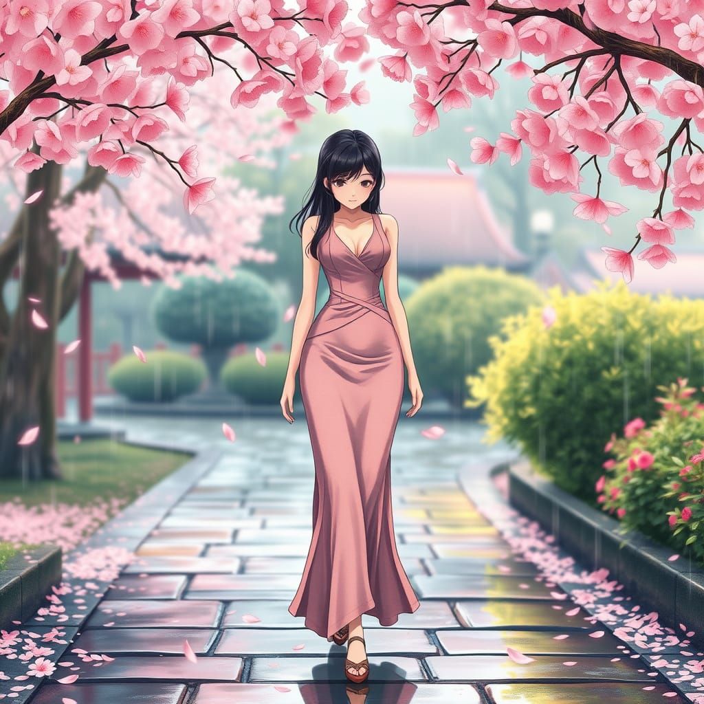 Anime Girl Strolls Through Japanese Garden in Rainy Bloom