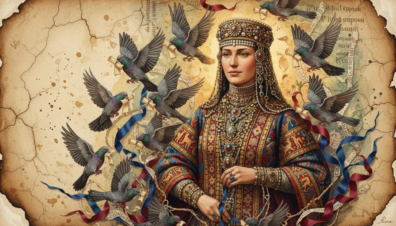 Olga of Kyiv, pigeons & starlings, resplendent in intricatel...