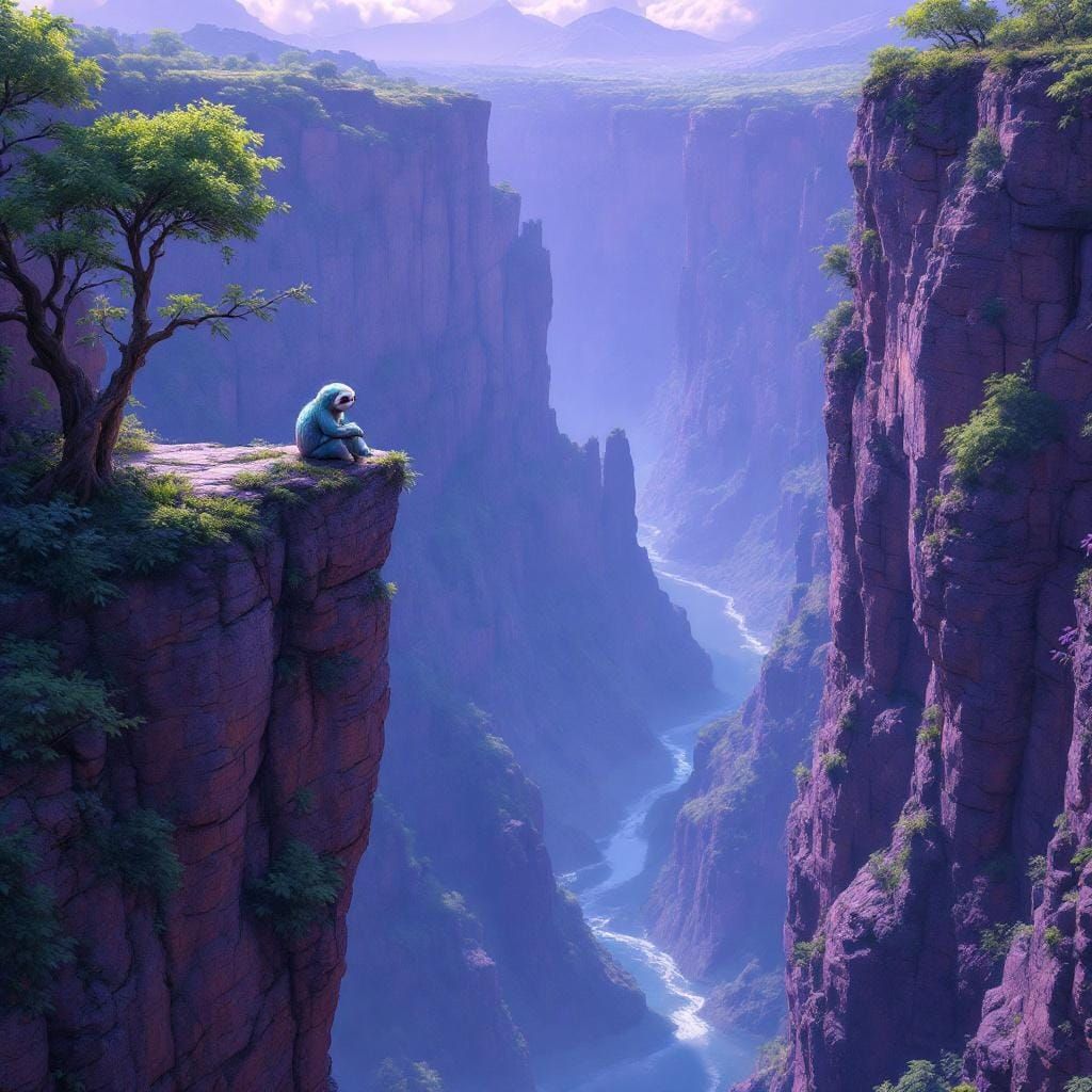 Turquoise and Purple Sloth Overlooking Rocky Crevice