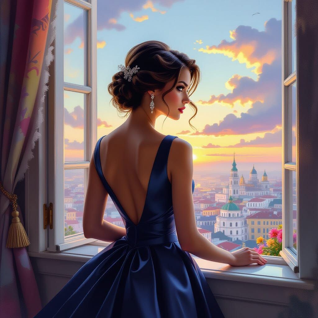 Woman at Window in Dreamlike Surrealist Style