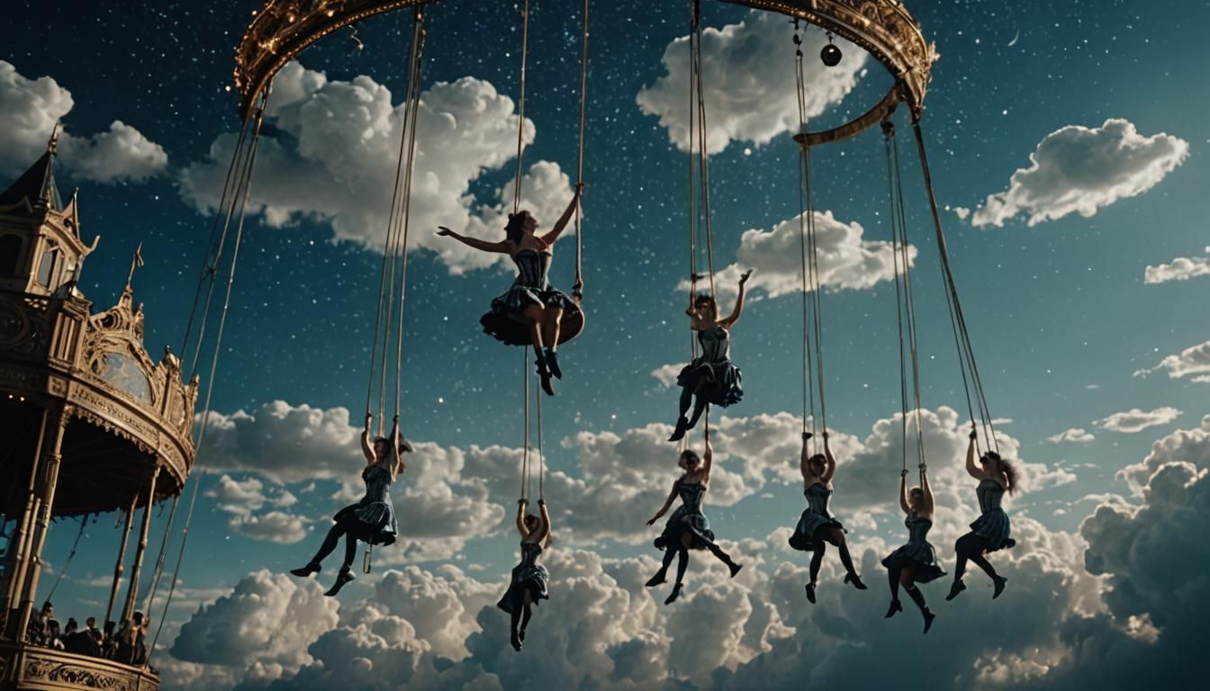 Dreamy Moonlit Circus Aerialists in Sgraffito Style